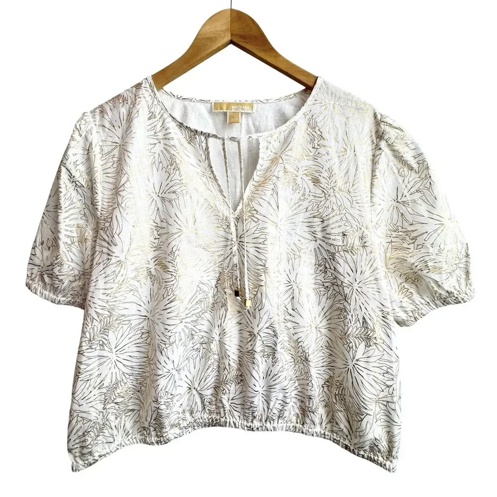 Michael Kors Womens Short Sleeve Tassels Banded Bottom Top White/Gold Size XL